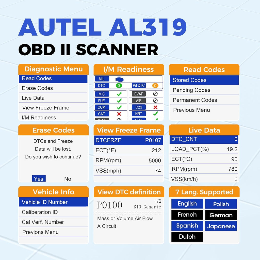 Autel AL319 OBD2 Diagnostic Device, Read and Remove Error Code, Display Real Time Data and Vehicle Information (German Online Download)