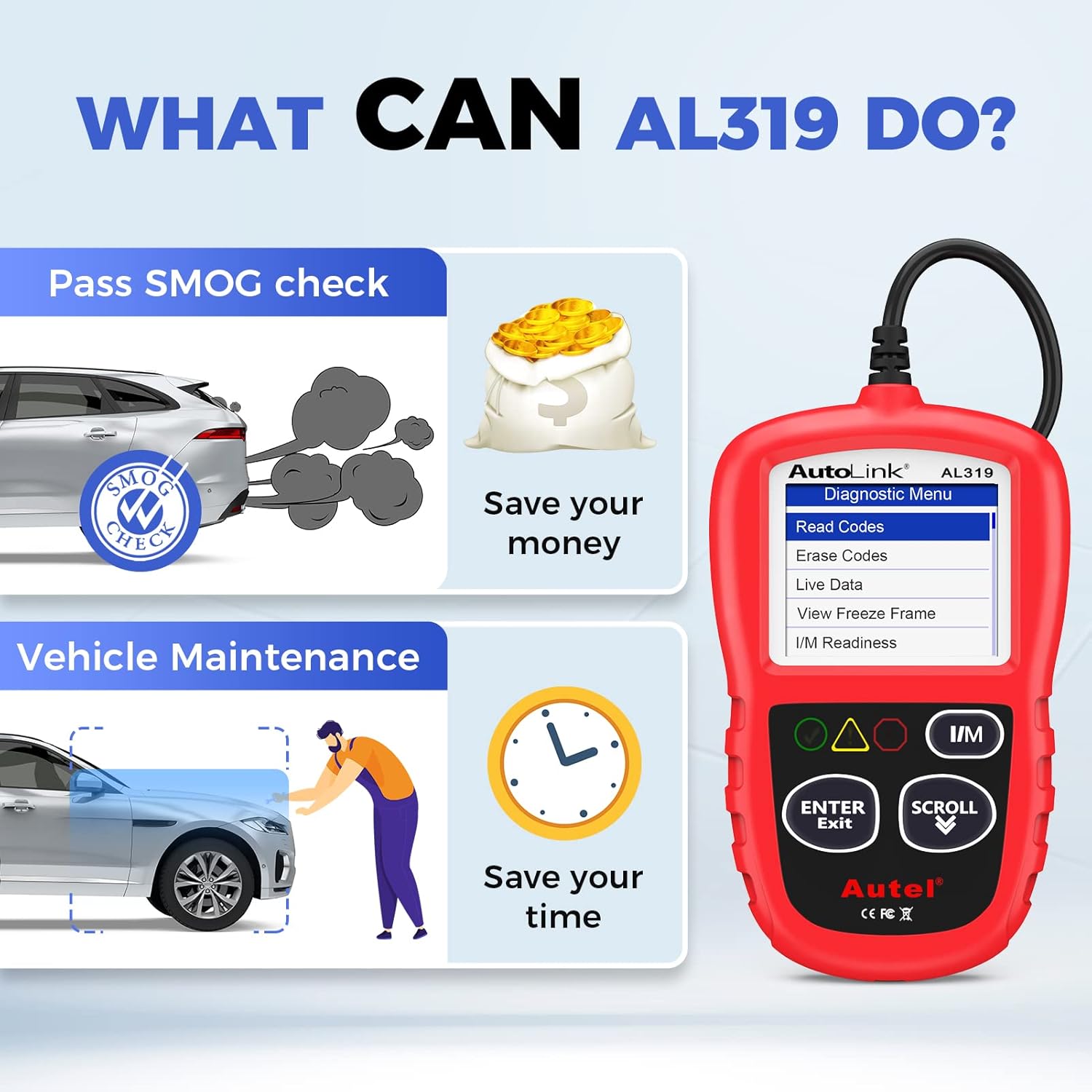 Autel AL319 OBD2 Diagnostic Device, Read and Remove Error Code, Display Real Time Data and Vehicle Information (German Online Download)